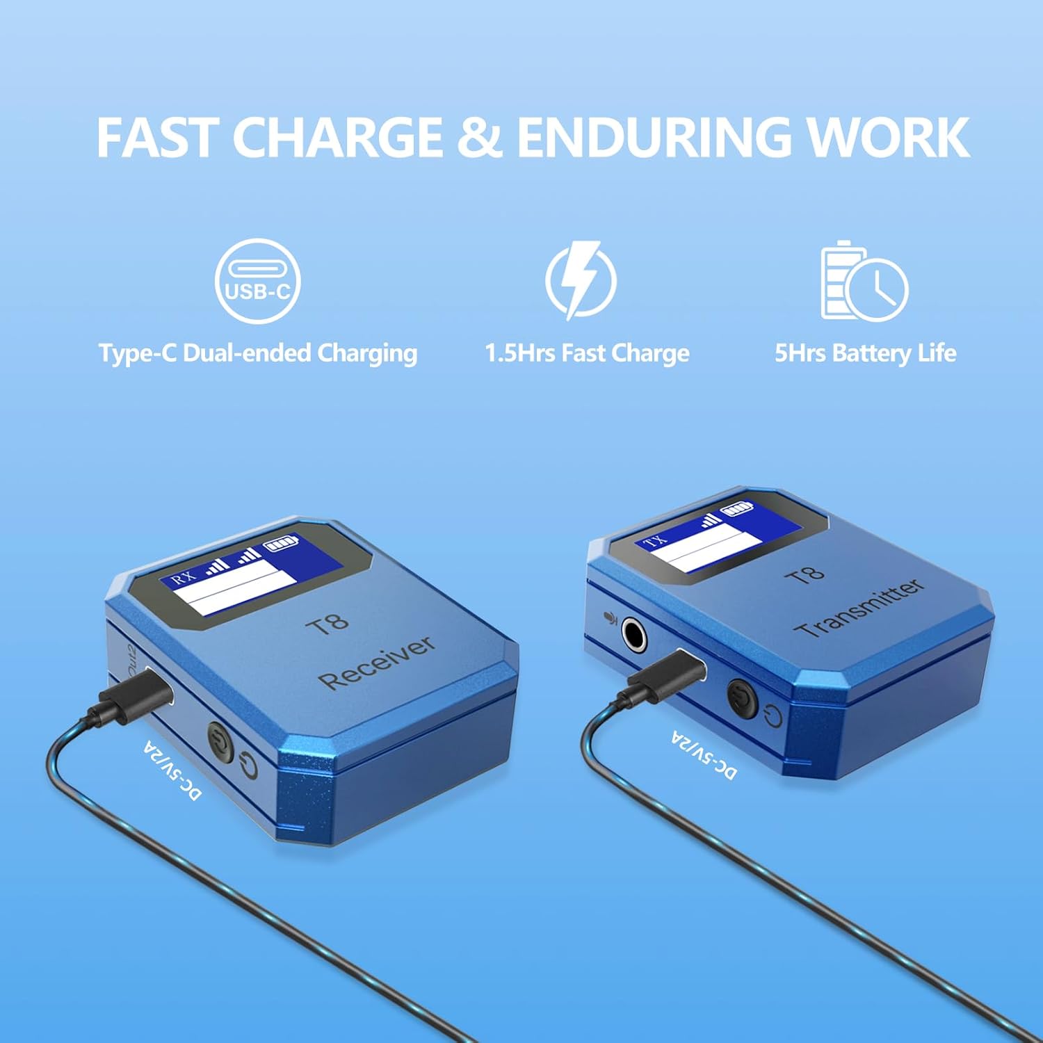Two T8 units (receiver and transmitter) being charged via USB-C cables, with icons indicating fast charge and battery life.