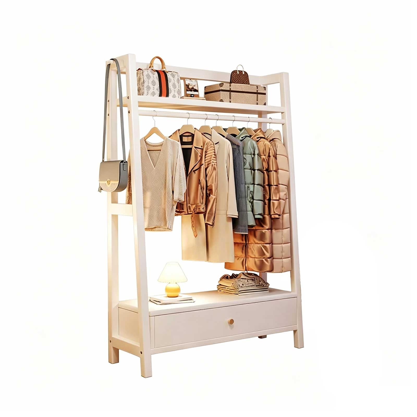 KIBONCY Wooden Clothes Rack with Drawers and Storage Shelves, Freestanding Open Wardrobe Organizer, Multifunctional Garment Rack(C1,120x40x170cm)