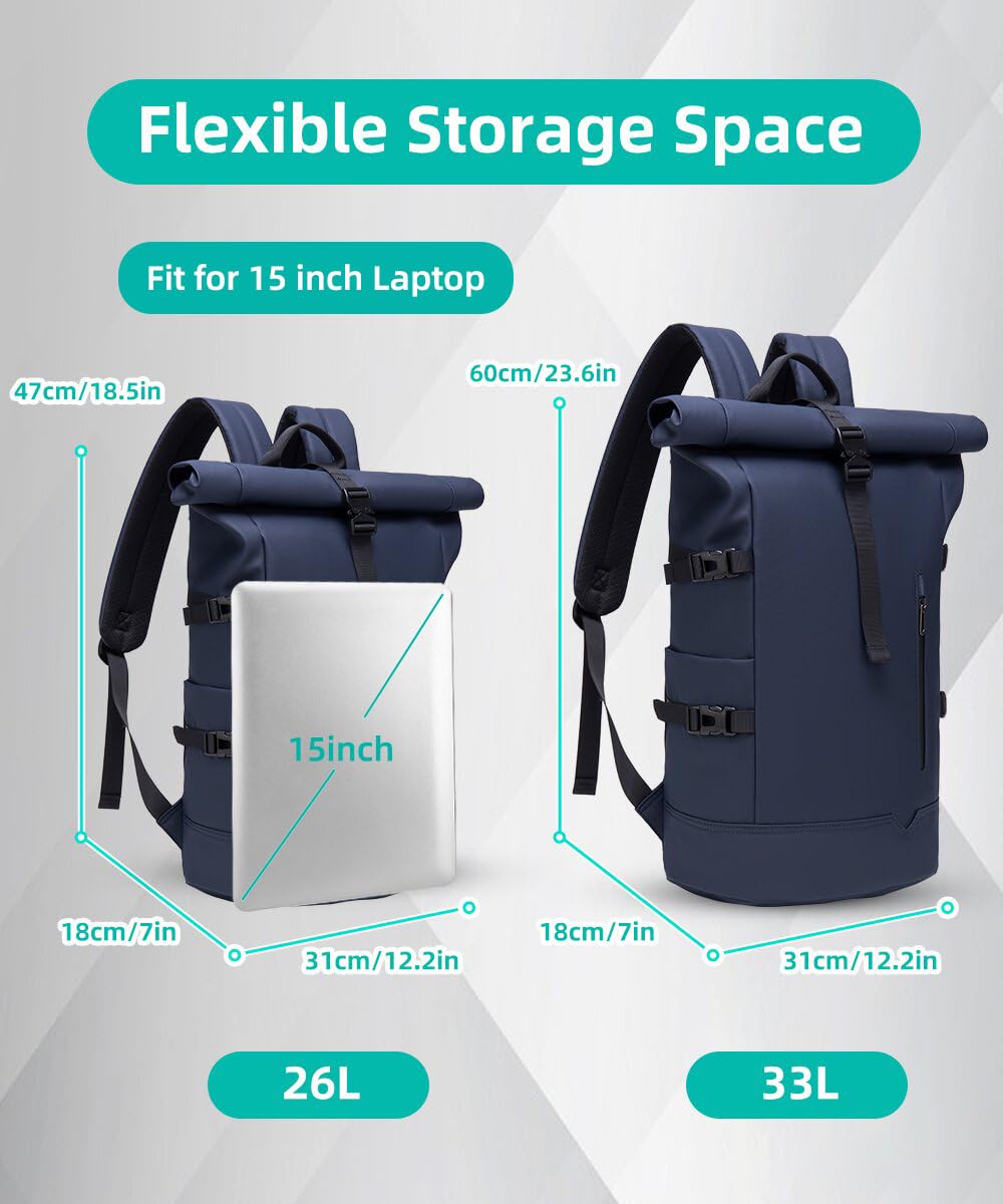 Mochila Enrollable Impermeable Mochila Ordenador Portatil 15 Pulgadas Antirrobo Mochila Hombre Casual para Viaje Ciclismo Escuela Deporte-Azul
