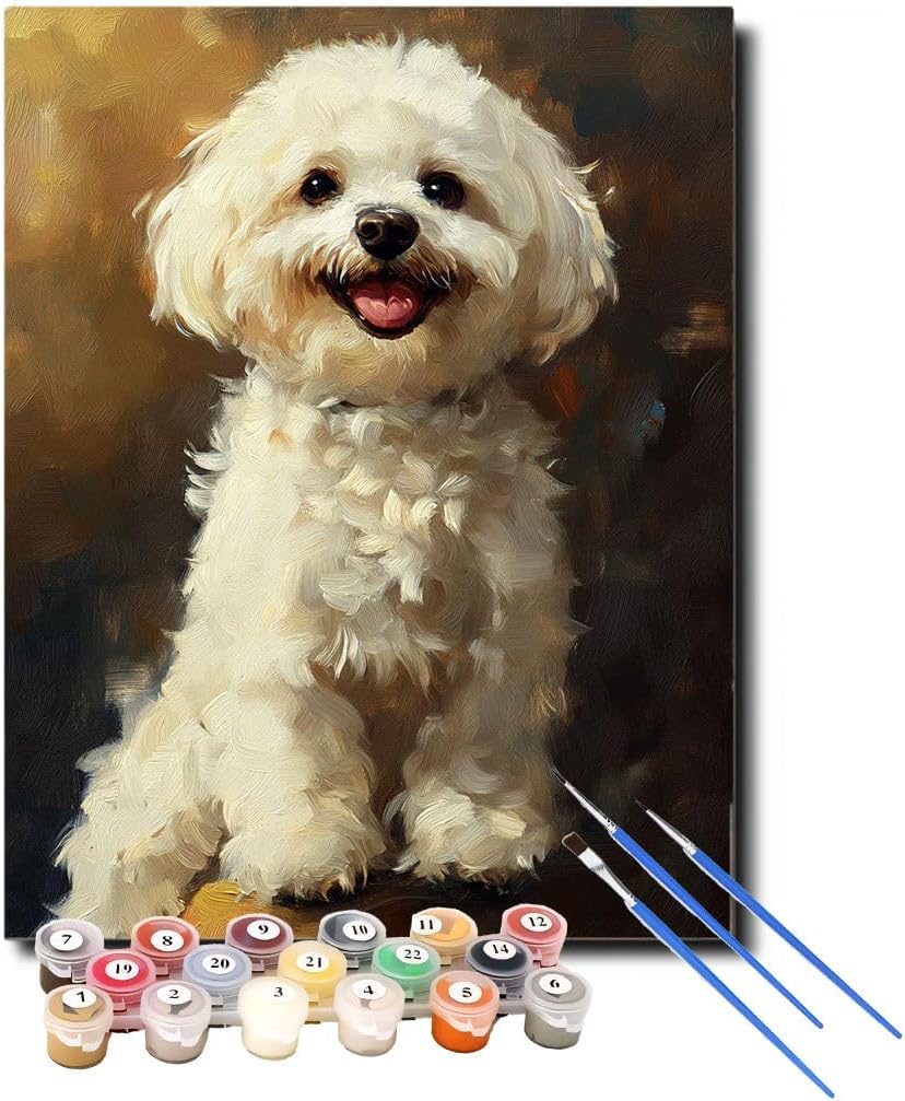 XCJFGO Bichon Frise Dog Paint by Numbers Kit for Adults Beginners, Cute Dog DIY Easy Acrylic Oil Painting by Numbers on Canvas, Paint-by-Numbers Kits for Home Wall Decor Without Frame 16" W x 20" L
