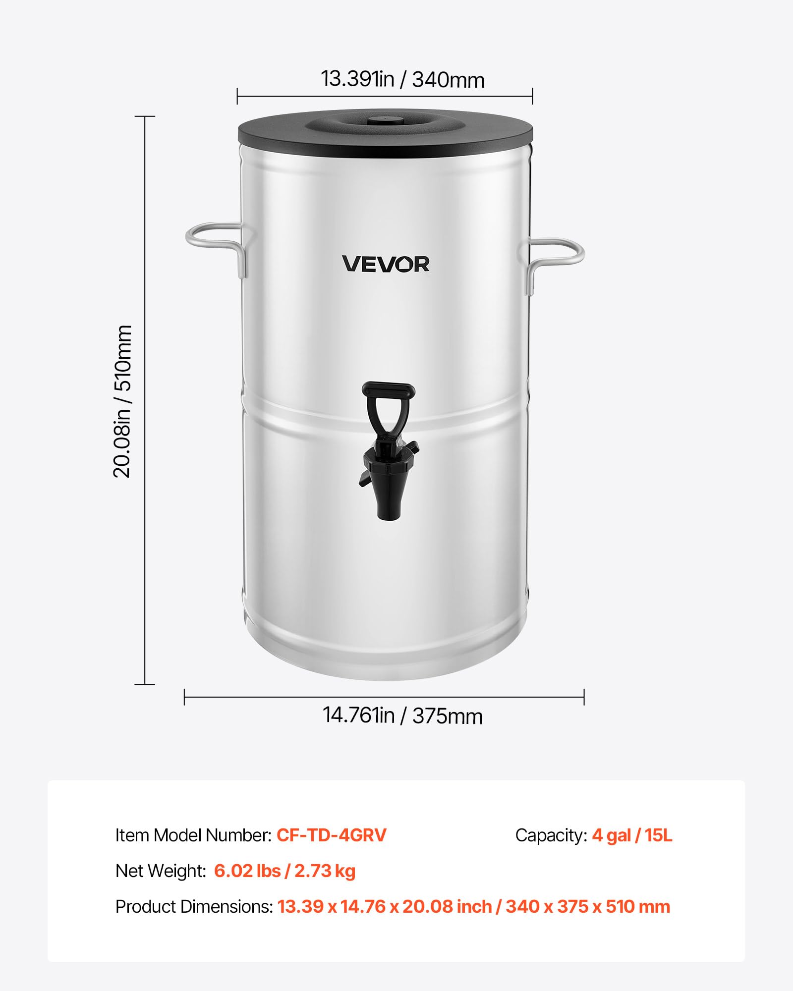 VEVOR Distributore di Tè Freddo da 15 L Distributore di Bevande Isolato in Acciaio Inox 304 con Rubinetto e Maniglia, per Bevande Calde e Fredde, per Caffè e Acqua in Bar e Ristoranti