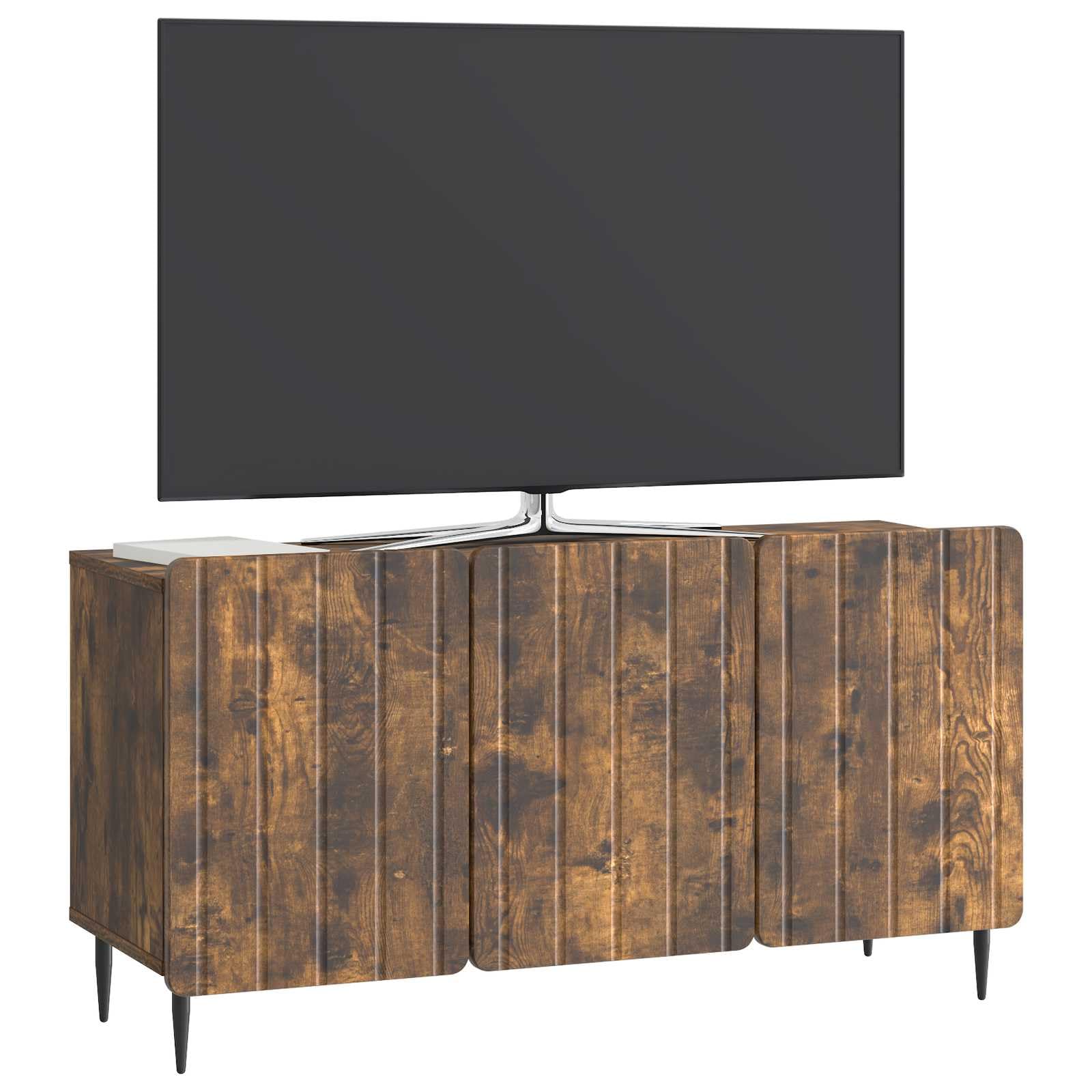 Mobile TV in rovere affumicato, 99 x 34,5 x 52 cm, moderno mobile basso in legno con 3 ante e gambe in acciaio, elegante mobile per soggiorno, fino a 60 kg