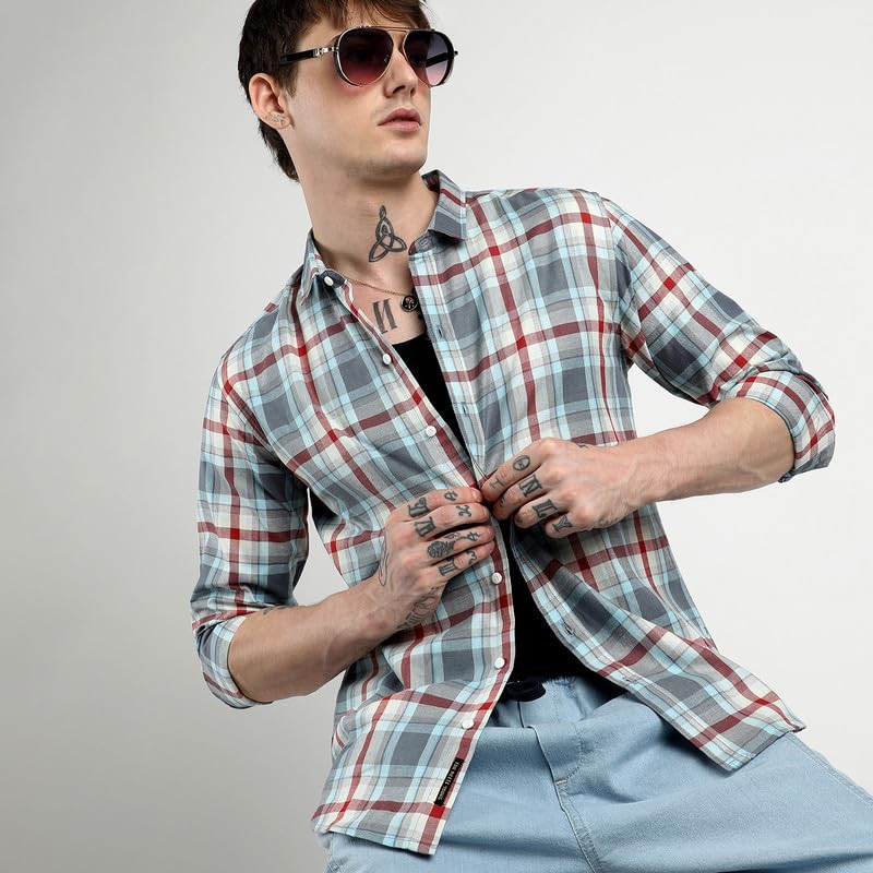 Image of Campus Sutra Men's Steel Blue Tartan Plaid Shirt for Casual Wear | Spread Collar | Long Sleeve | Button Closure | Shirt Crafted with Comfort Fit for Everyday Wear