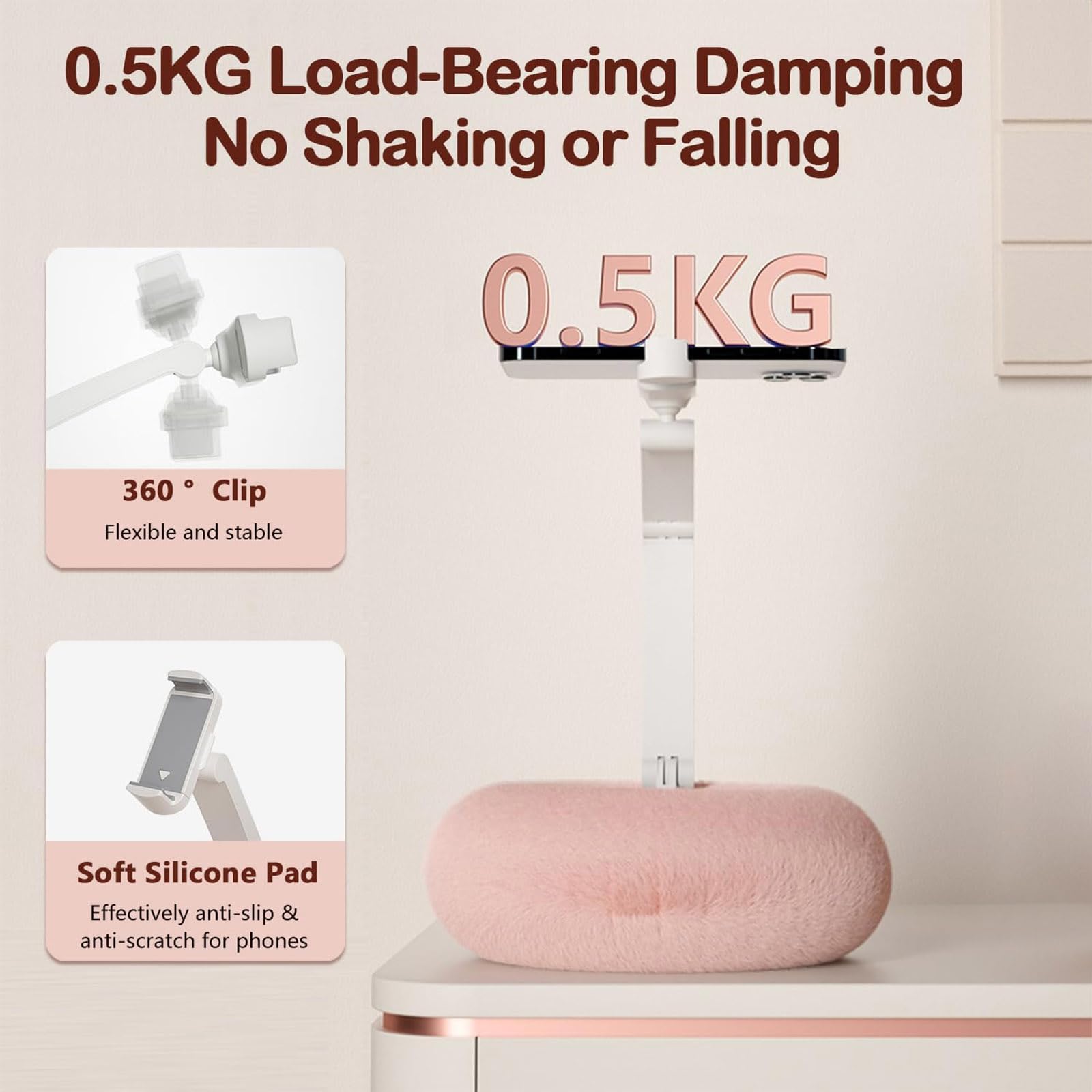 Soporte de teléfono ergonómico giratorio con base de cojín suave, brazo ajustable a 80° y antideslizante para dispositivos de 2 a 12 pulgadas, cama ajustable para teléfono