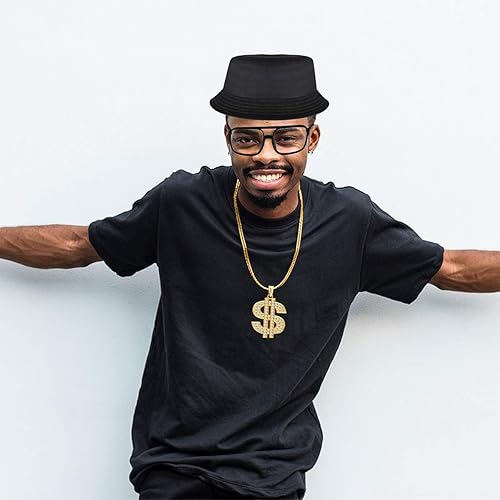 Miniatura 7 de DOERDO - Kit de disfraz de hip hop de 4 piezas, accesorios de rapero de los años 80 y 90 para mujeres y hombres, sombrero de cubo, cadena dorada