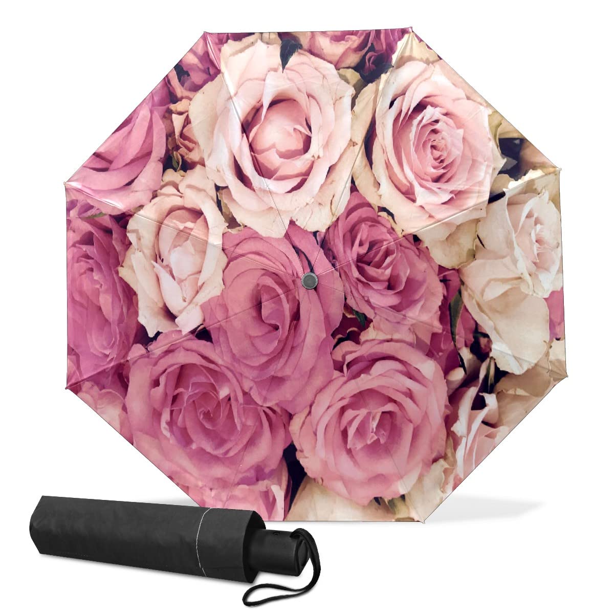 ZGONOHYE Compact Travel Umbrella Pink Rose Flower Small Folding Sun & Rain Umbrellas Windproof Mini Auto Open & Close Portable Umbrella Parasol for