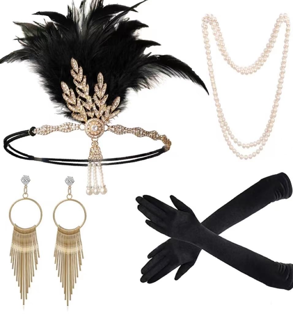 Meiruier 1920 Accessories Set, 1920s Fashion Headband Holder Long Gloves Pearl Necklace Great Gatsby Accessories for Women,Ladies Charleston Fancy Set(style 1)