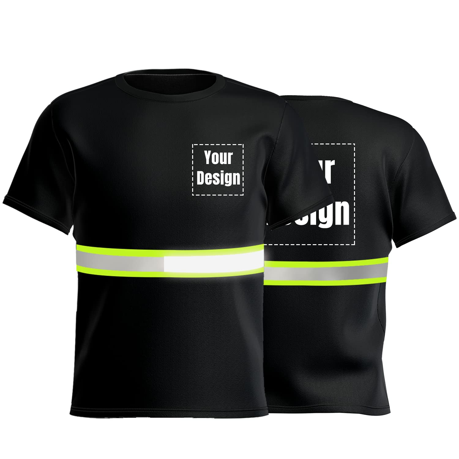 YOWESHOP Hi-Vis Safety T-Shirt Add Your Design Quick Dry Workout Shirts with Reflective Strips (3XL, Black - Style 1)