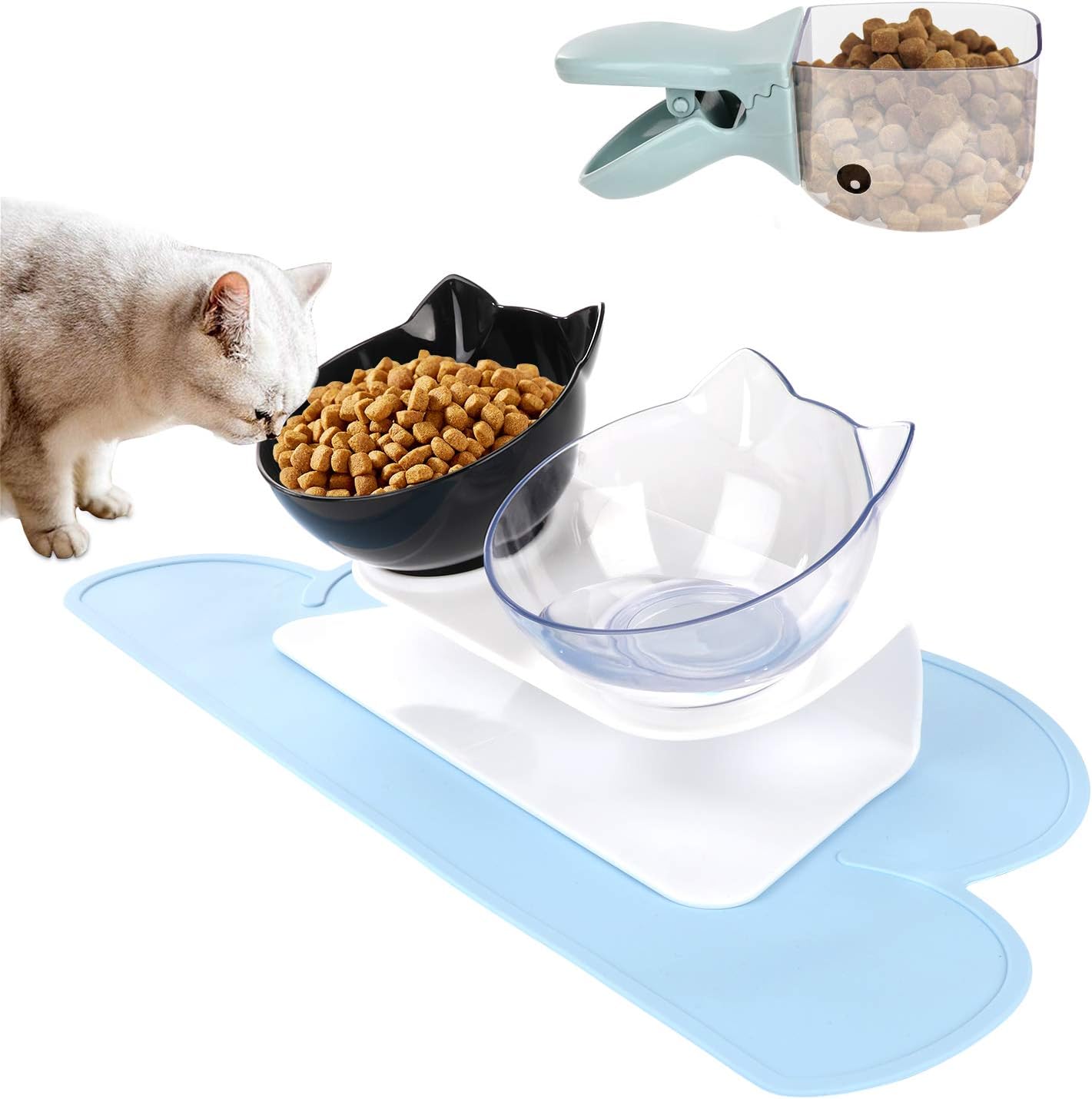 Elevated Cat Bowls with Cat Feeding Mat and Scoop, Double Cat Food Water Bowls with Raised Stand, Pet Feeding Bowl 15° Tilted Raised Pet…