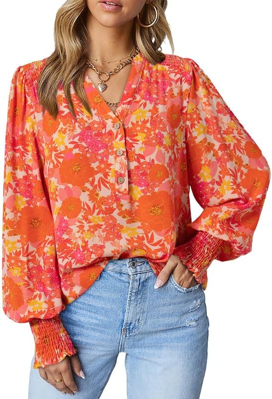 Dokotoo Womens Summer Tops Casual Easel Flowy Print V Neck Long Sleeve Smocked Button Up Blouses Tshirts for Women 2026 Fashion Fall Trendy Work Business Boho Top Small Orange