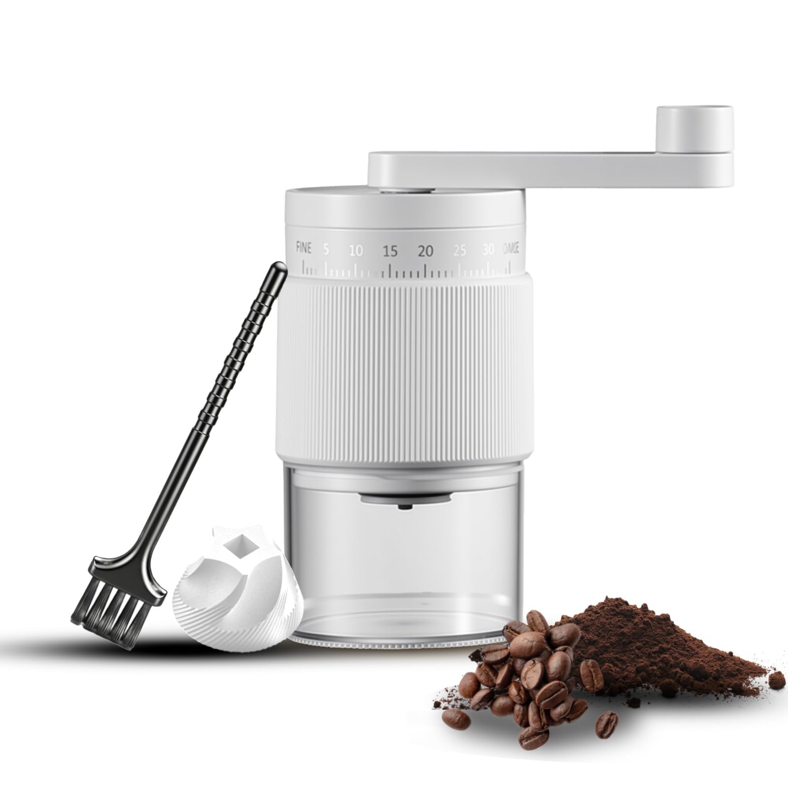 Macinacaffè Manuale Esterno Regolabile, 35 Impostazioni Regolabilie, Macina Caffè Manuale Portatile con Macine in Ceramica Resistenti per Viaggi, Campeggio, Ufficio, Espresso, Caffè Filtrato (Bianco)