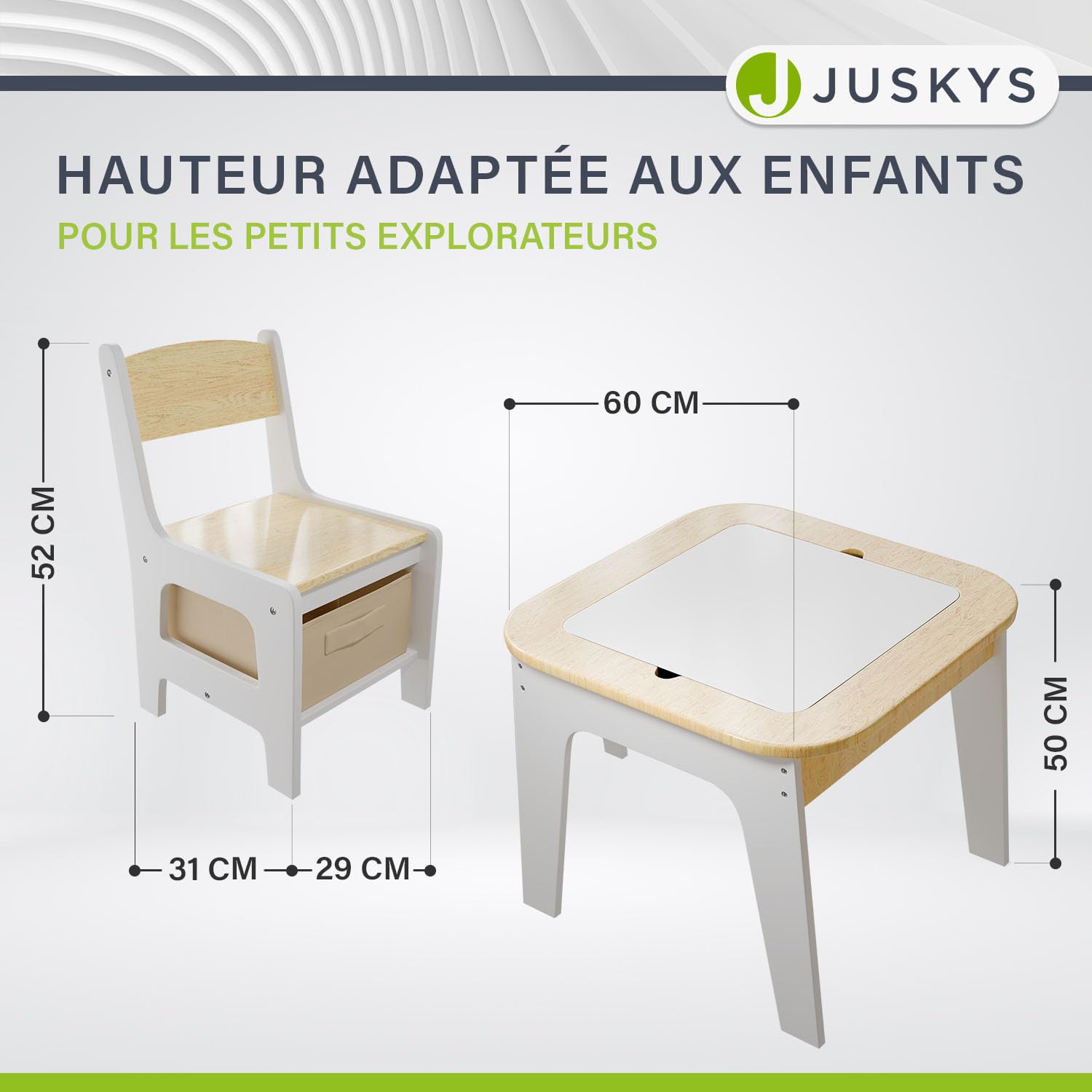 Juskys Ensemble de sièges pour Enfants Milou, Set 2 chaises & 1 Table en Bois, Table de Jeu avec Rangement, Coin Jeu pour Enfants, Naturel