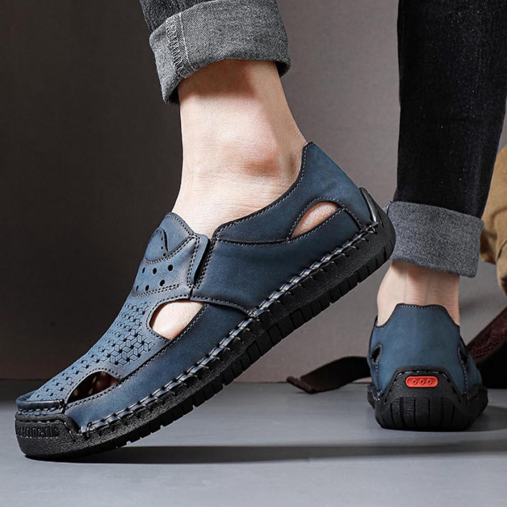 Men closed toe breathable hollow slip on leather sandals for outdoor casual walking with rubber soles