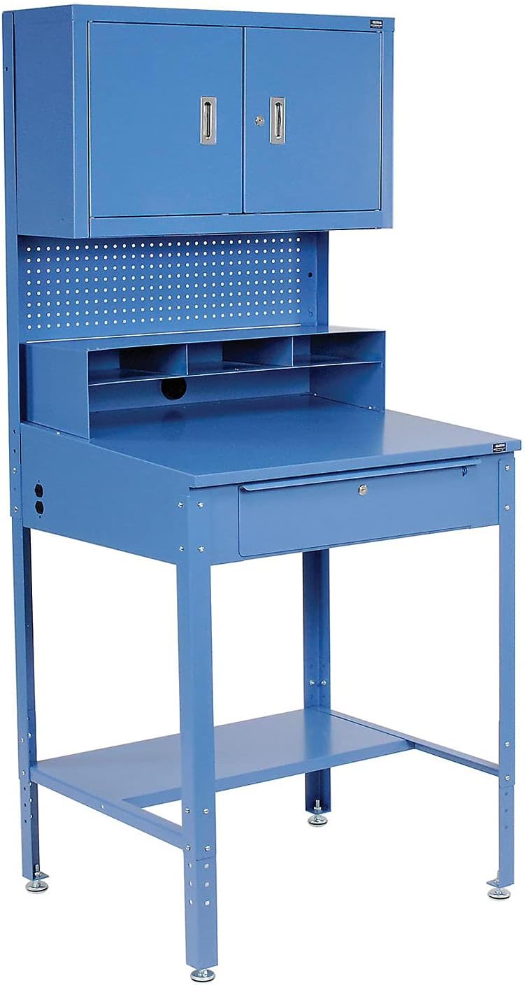 Global Industrial Sloped Shop Desk with Pigeonhole Compartments, Pegboard & Cabinet Riser, 300 Lbs Capacity, 34-1/2"W x 30" D x 38 to 42-1/2"H, Steel, Blue