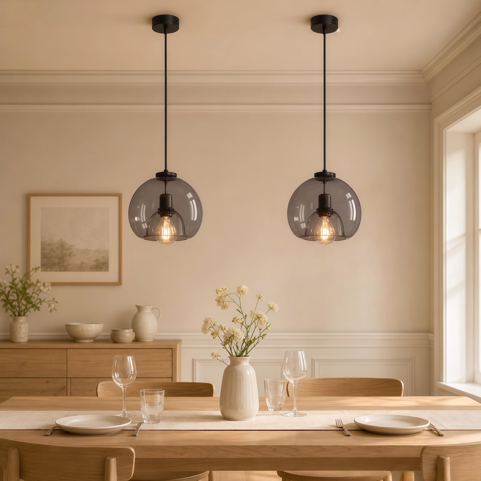 9.8" Smoked Grey Glass Pendant Light,Modern Hanging Lamp for Kitchen Island(2PACK Smoked Gray)