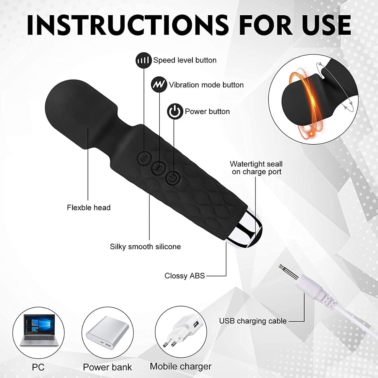 Overseized body massage for women, men, rechargeable wireless vibration machines 20 vibrations for women, 8 speed, flexible head for flexible head (black) Overseized body massage for women, men, rechargeable wireless vibration machines 20 vibrations for women, 8 speed, flexible head for flexible head (black)