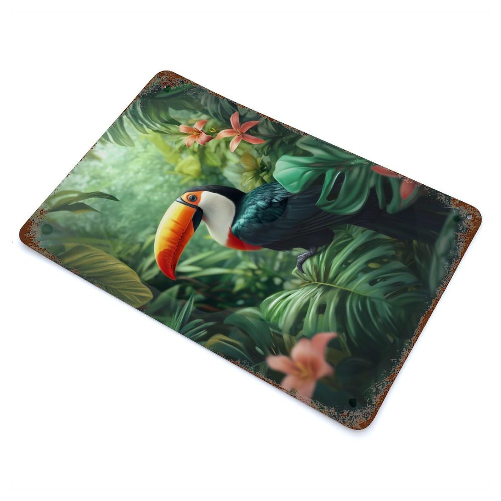Rust Effect Toucan in Lush Tropical Foliage Retro Metal Sign 11.8"x7.9", Classic Wall Plaque for Cafe, Home Bar And Lounge Decor
