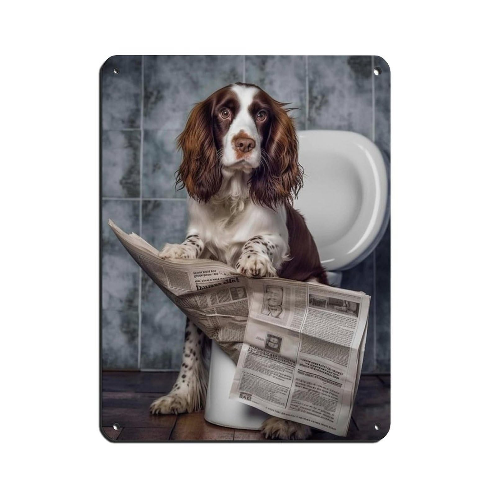 Springer Spaniel on Toilet Reading The Retro Poster Metal Tin Sign Chic Art Retro Iron Painting Bar People Cave Cafe Family Garage Poster Wall Decoration 12x16inch(30x40cm)