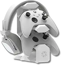 Suporte de Mesa Branco Compatível com 2 Controles e Headset – Organização para Xbox One, Series X|S, PS4, PS5 DualSense, Gamer Station com Estilo e Funcionalidade