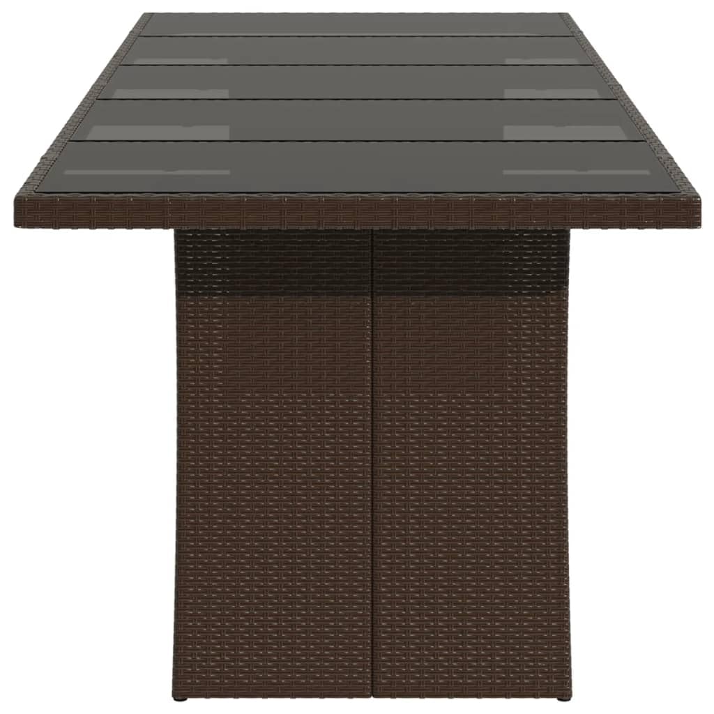 Stół ogrodowy ze szklanym blatem, brązowy, 240 x 90 x 75 cm, polirattan, stal malowana proszkowo, stół outdoorowy, na taras, balkon, do ogrodu, dla rodziny, gości, pikników, jedzenia