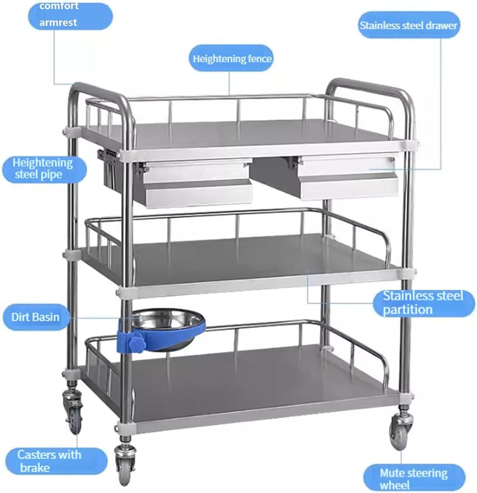 Carrello di Servizio Con Ruote in Acciaio Inox, carrello multiuso medico a due ripiani, carrello da laboratorio, carrello da clinica con cassetto e sponda di protezione(60 * 40 * 86cm)