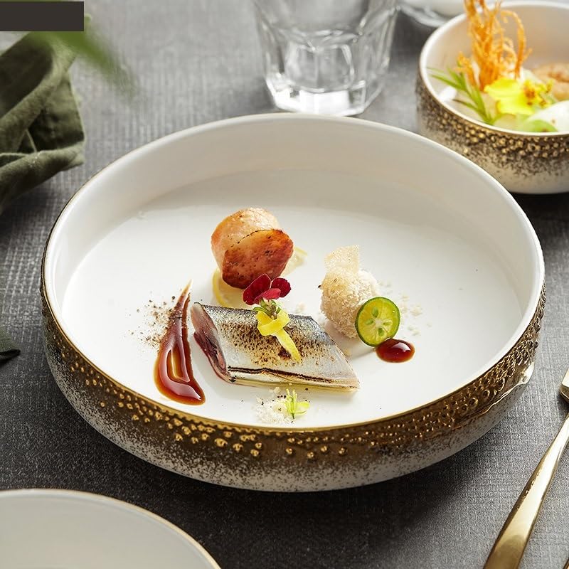 Forniture Per Feste Cena rotonda in ceramica Ciotola di riso Pasta Sashimi Piatto di sushi Ristorante retrò Bordo dorato Posate Zuppa Bacinella Noodle Ramen Insalate Ciotole Piatto Piatti Della Festa