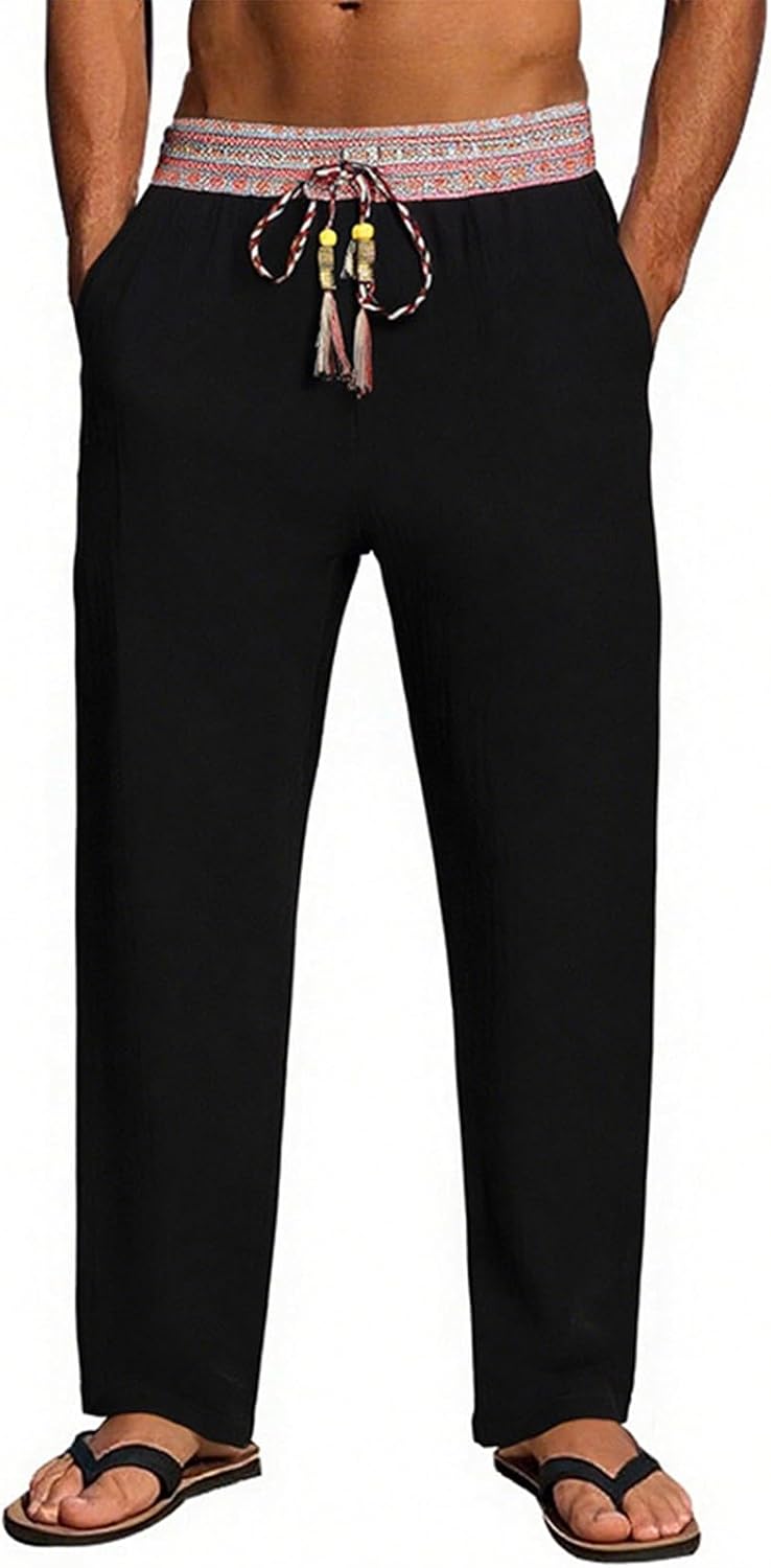 Mens Vintage Ethnic Patchwork Lounge Pants Casual Elastic Waist Drawstring Loose Workout Beach Trousers with Pockets