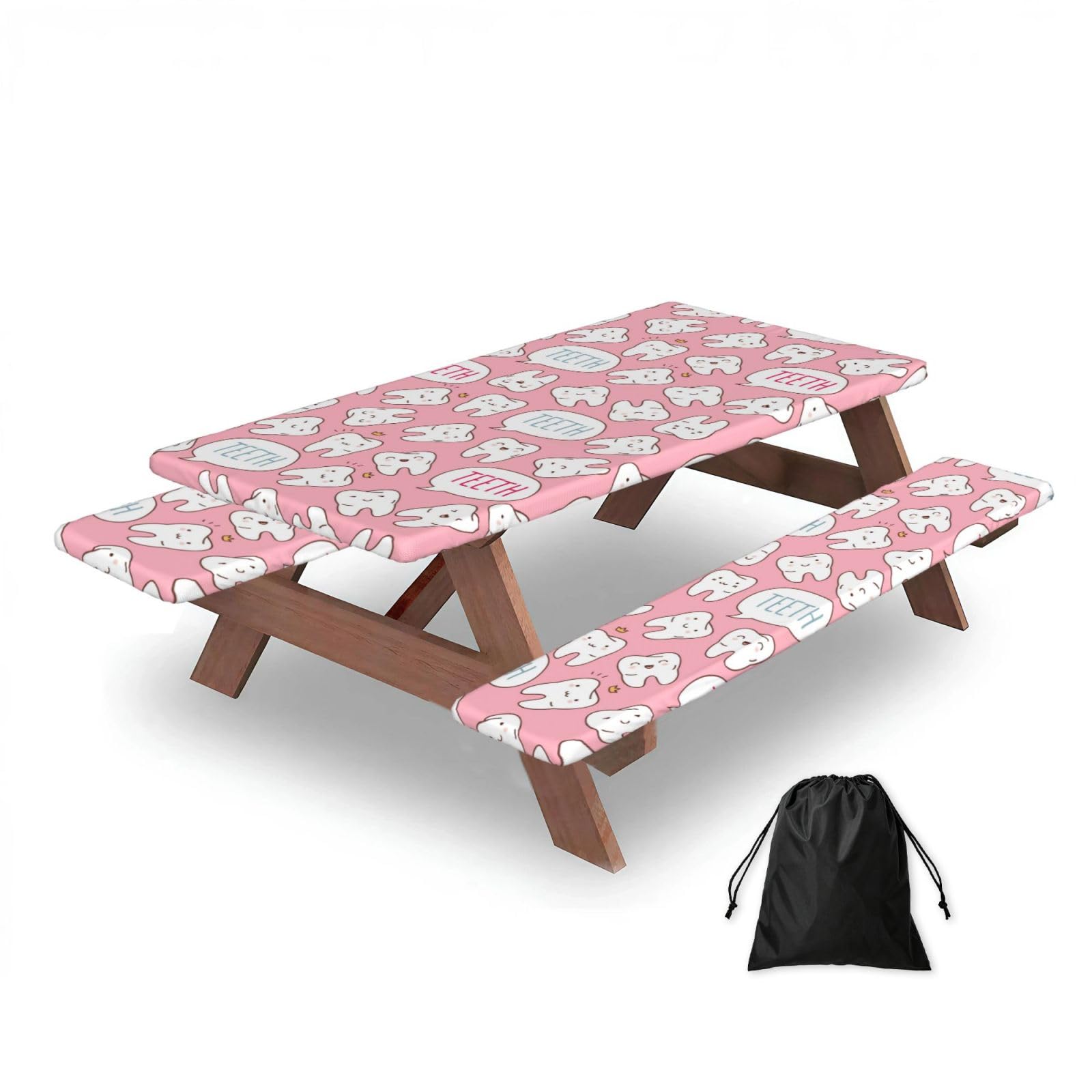 Dopklna As Picture Kawaii Dentist Teeth, Picnic Table Cover With Bench Covers -Waterproof Elastic Fitted Tablecloth For Garden Camping Patio 76X152cm