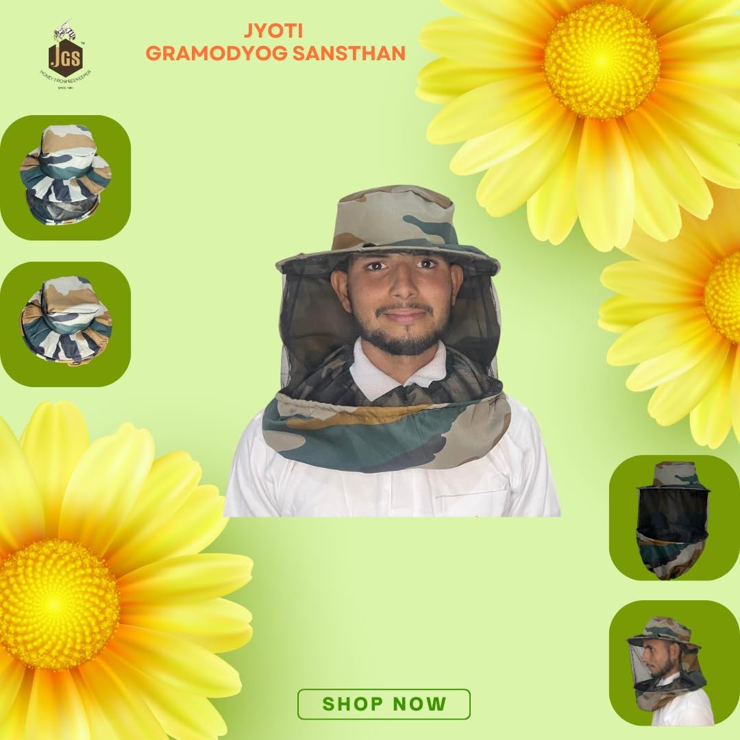 JGS Bee Cap Honeybee Cap | Bee Veil for Protection of Face from Honey Bee Sting | Sting Protection with Neck Protection (Army Print Colour) - Image 7 thumbnail