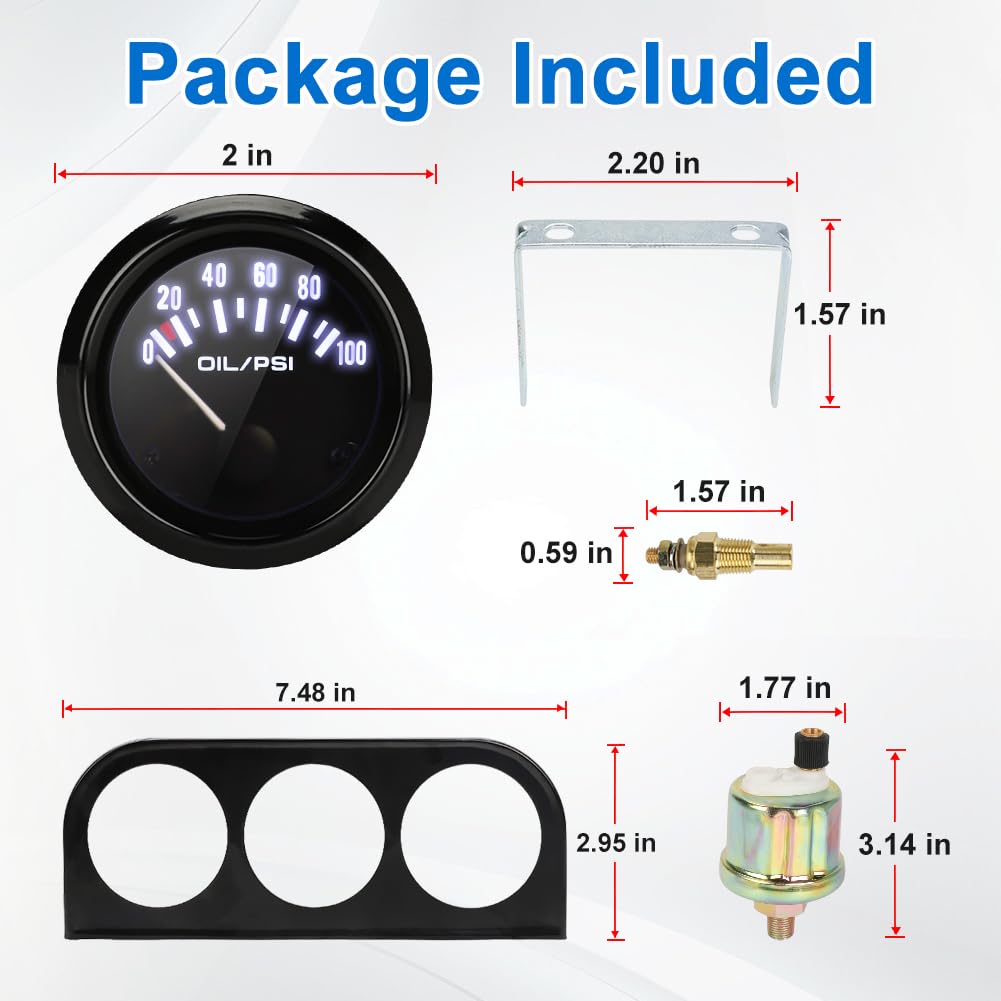 2" 52mm Triple Gauge Set 3 in 1 - Water Temp + Oil Pressure + Voltmeter