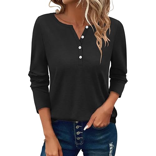 Women's Long Sleeve Button Down Shirts Crew Neck Casual Loose Tunic T Shirt Blouse Tops