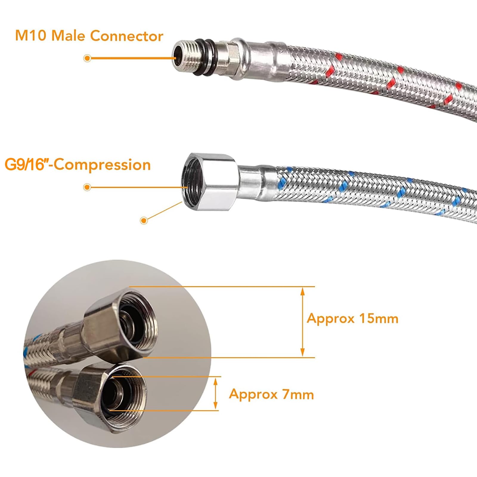 Hoimpro Lot de 2 connecteurs de robinet de cuisine en acier inoxydable tressé de 61 cm de long - 1 paire de filetage de compression femelle de 9,5 mm x connecteur mâle M10