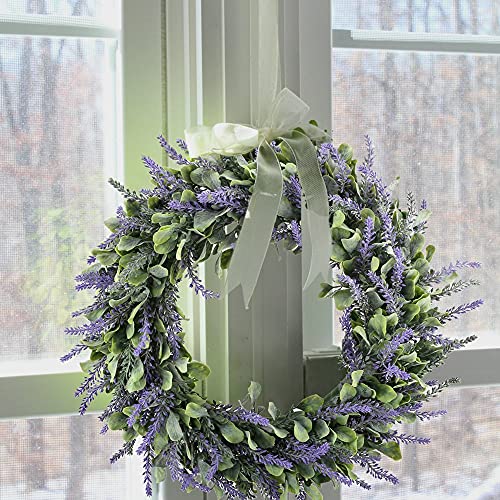 Gtidea 18" Artificial Lavender Wreath For Front Door Purple Lavender Flowers Wreath With Eucalyptus Leaves Spring Wreath Outdoor For Home Porch Wall Window Garden Indoor Party Decor #TOP3