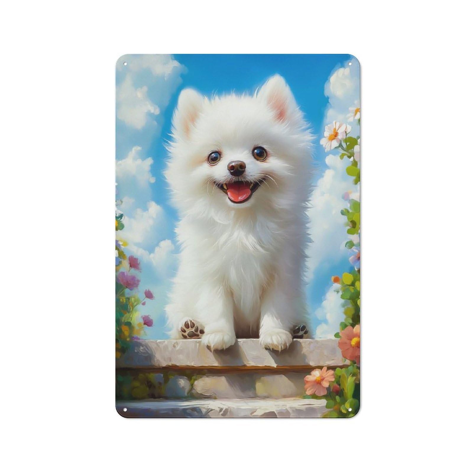 Smiling White Pomeranian Puppy Metal Gift Sign 30x20cm, Vintage Home Wall Decor for Home, Shop, Pub Or Studio Wall