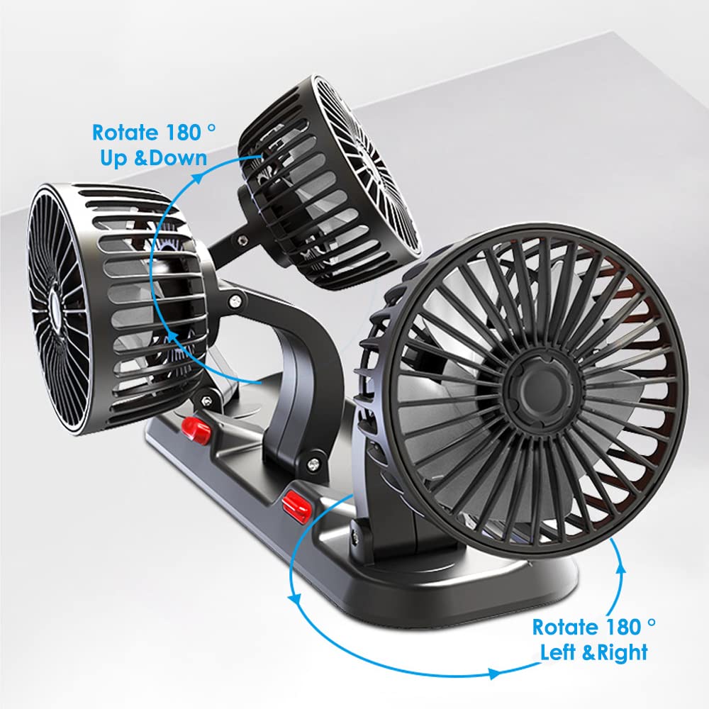 Riloer Ventilatore dell'aria di raffreddamento portatile per auto, Circolatore d'aria di raffreddamento elettrico a tre teste per camion, furgone, SUV, camper, barca, rotante a 360°