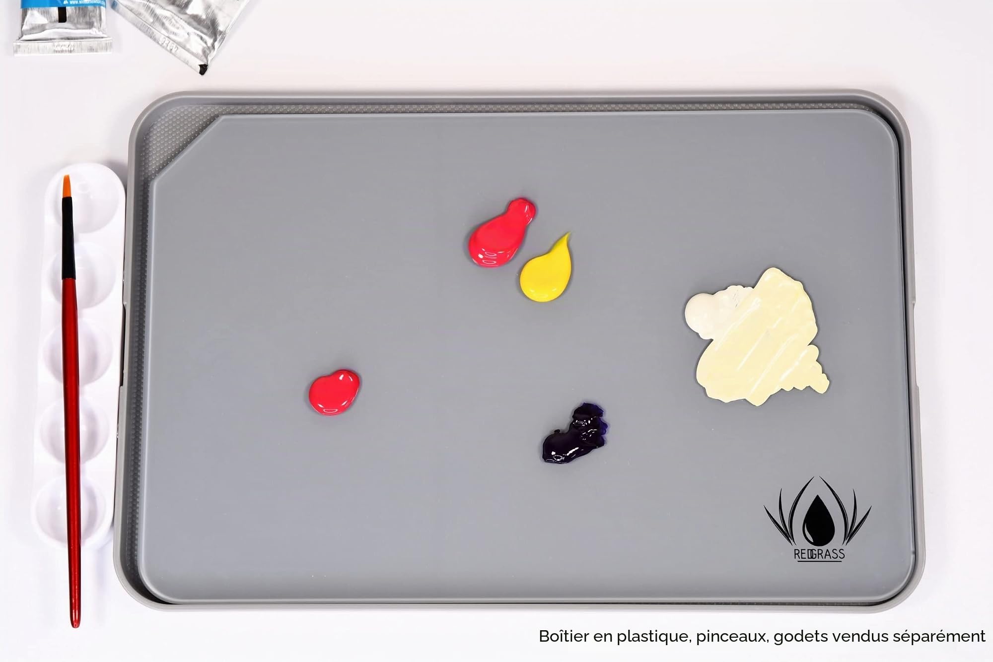 Redgrass Palette en Verre pour Peinture à l'huile, Acrylique, Peinture Miniature – Studio XL – Verre trempé avec Bords biseautés – 4 Pieds en Caoutchouc – Dos Gris Clair