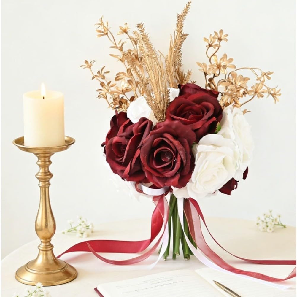 Bouquet da sposa realistico con rose in seta con fiocco – elegante decorazione per matrimoni per damigelle d'onore (stile 1)