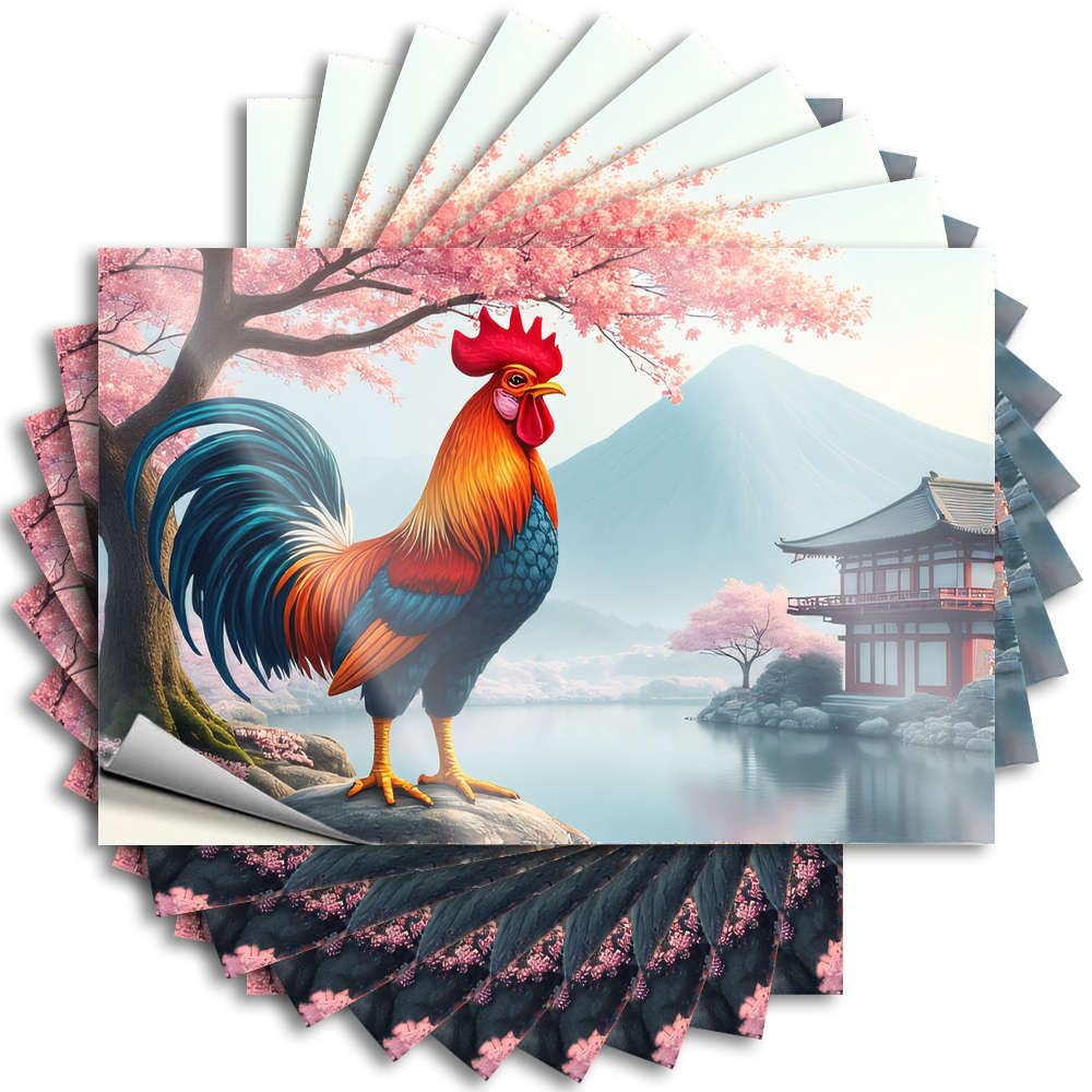A Colorful Rooster Stands By A Serene Lake with Cherry Blossoms Men Cave Decor Boys DIY | Plastic Bumper Helmet Removable Vinyl Sticker Decal(8X12CM)