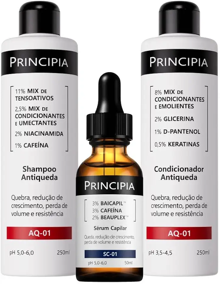 Principia Kit Antiqueda Trio, com shampoo, condicionador e sérum antiqueda com alta eficácia na redução da quebra, estimulo do crescimento e aumento da resistência e volume dos cabelos.