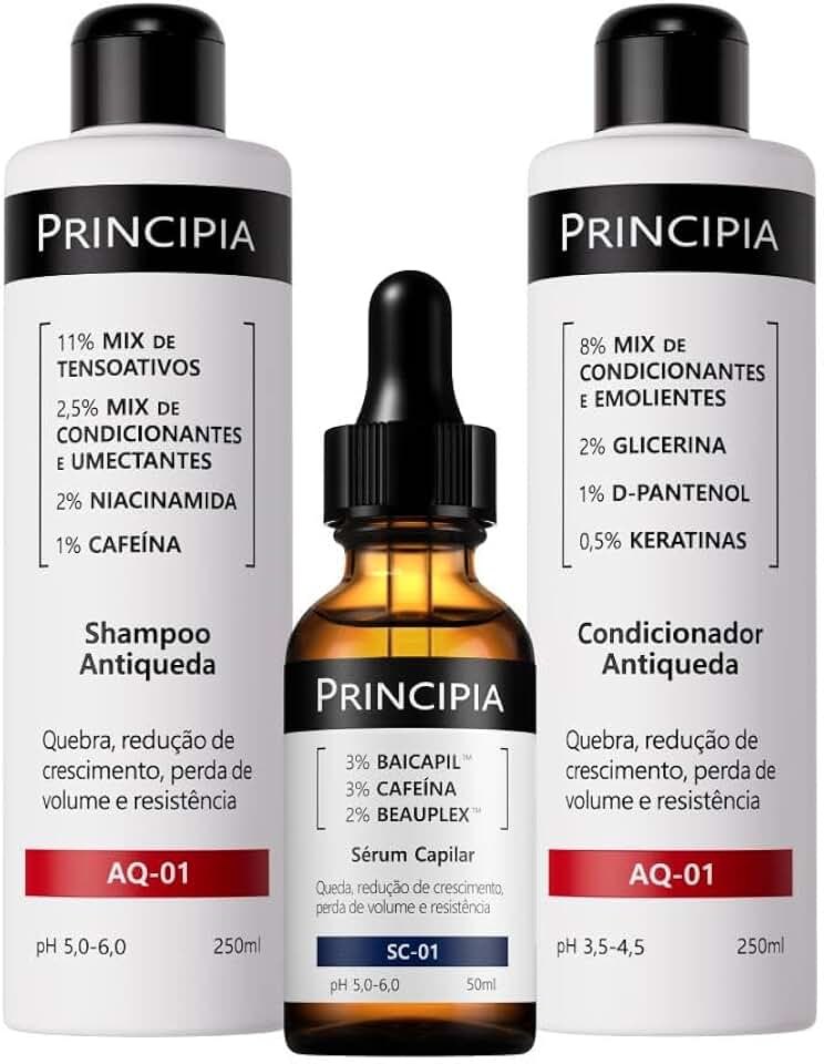 Principia Kit Antiqueda Trio, com shampoo, condicionador e sérum antiqueda com alta eficácia na redução da quebra, estimulo do crescimento e aumento da resistência e volume dos cabelos.