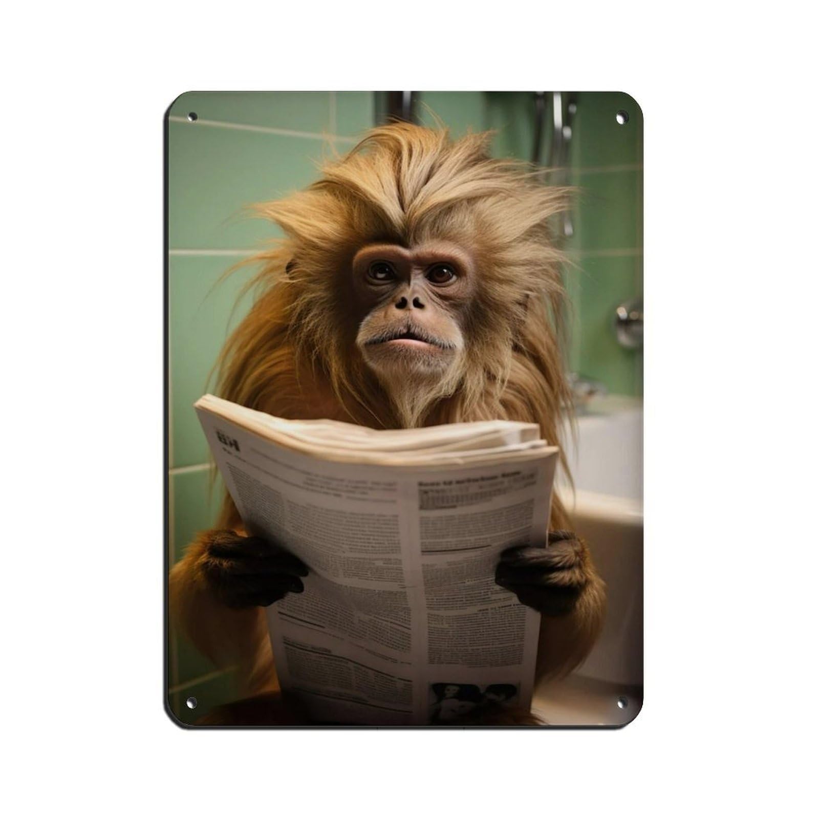 Tamarin Monkey Sitting on The Toilet Reading A Newspaper Tin Sign Vintage Metal Pub Club Cafe Bar Home Wall Art Decoration Poster Retro 12x16inch(30x40cm)