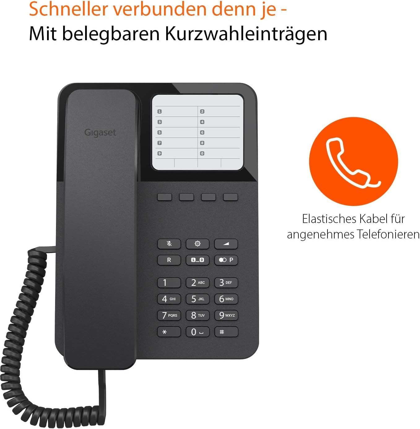 Gigaset DESK 400 - Schnurgebundenes Telefon mit elastischem Kabel - Platz für 10 Kurzwahleinträge - Wahlwiederholung - MFV- oder Impulswahl einstellbar, schwarz [Deutsche Version]