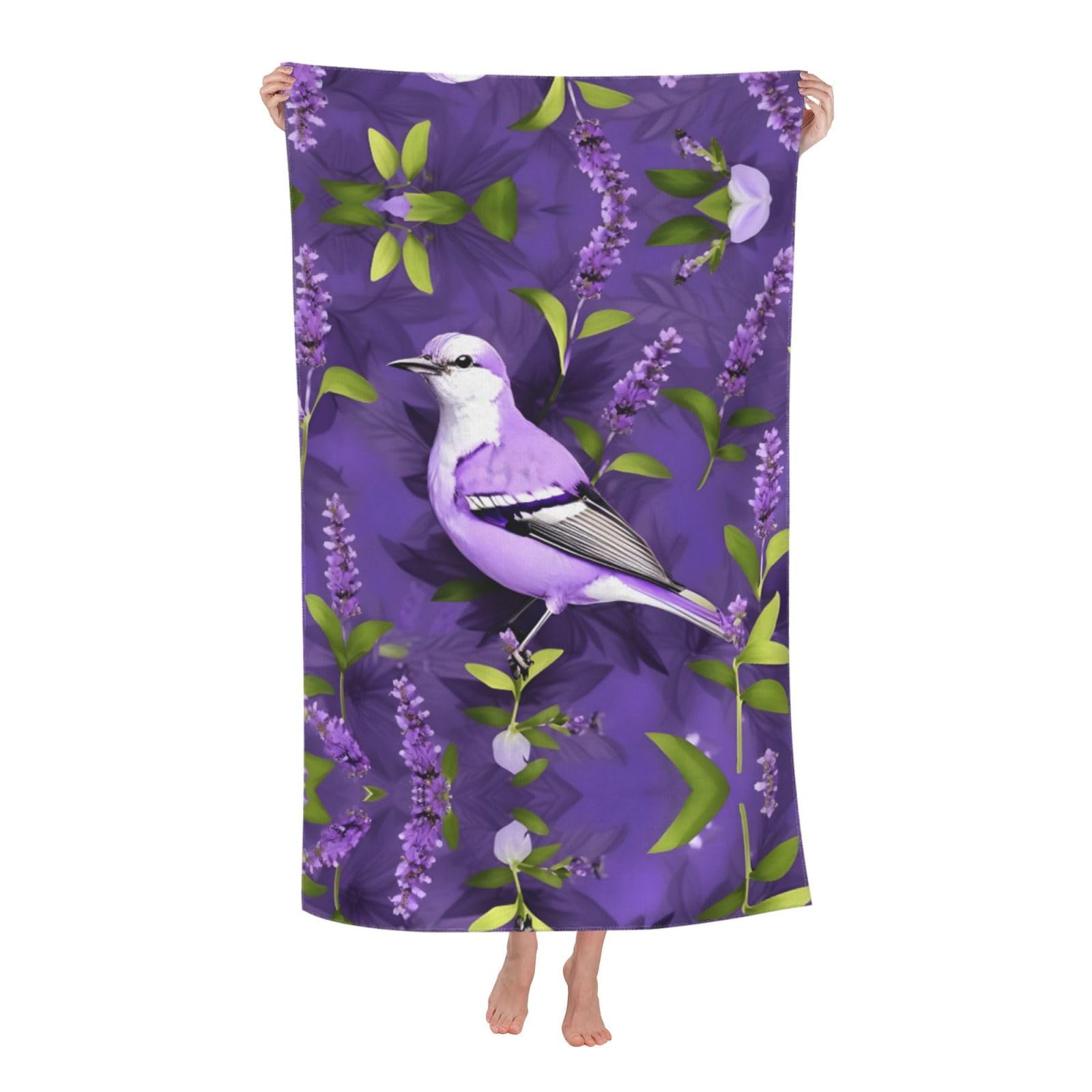 KPXXAQT Bird In Purple Lavender Floral Flowers Print Oversized Adult Beach Towel Quick-Dry Travel Swimming Camping Outdoor Adventures