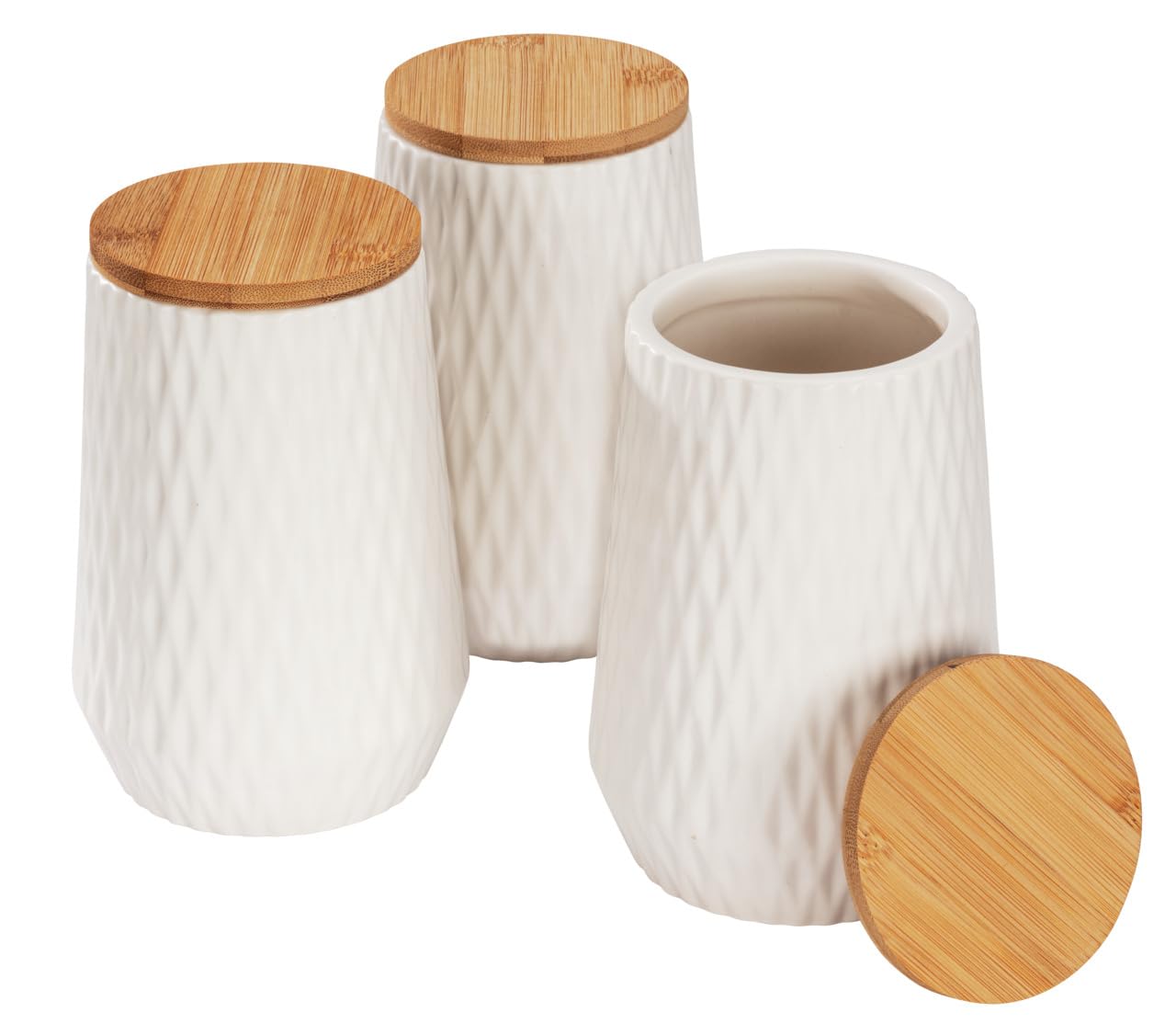Barattolo per spezie in porcellana con coperchio e vassoio in bambù, cucchiaio da portata in ceramica, set da 3, bianco, 170 ml, perfetto per conservare le spezie in casa, cucina