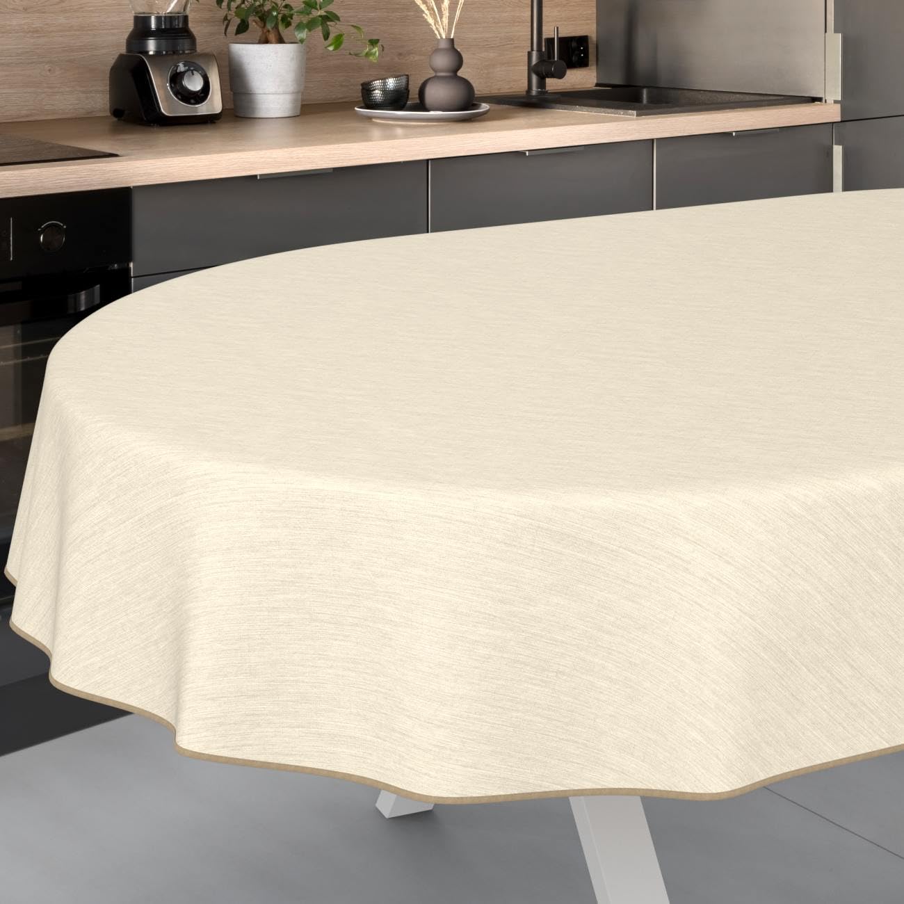 Nappe de Table en Toile cirée - Aspect Lin - Facile d'entretien et imperméable - Ovale - 240 x 140 cm - Crème avec Ourlet