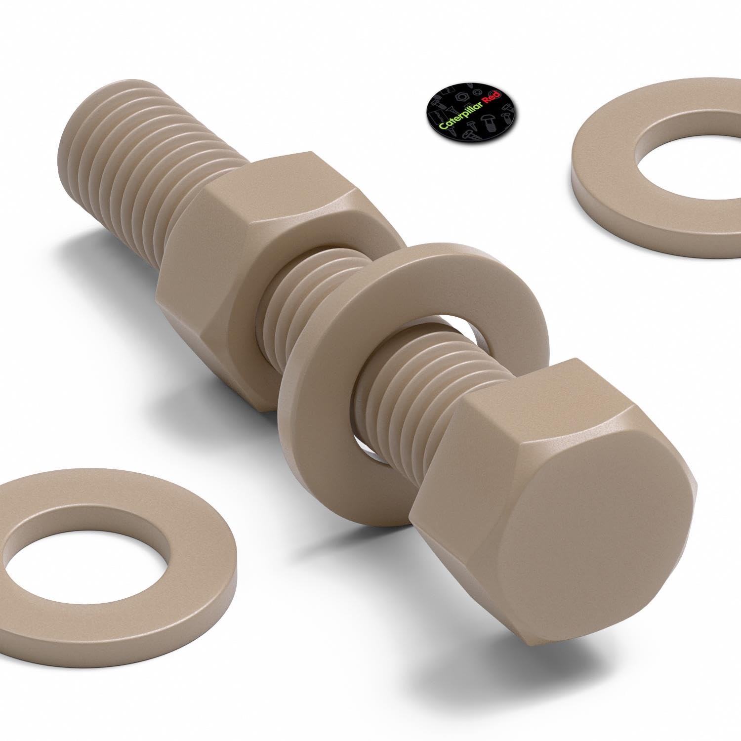 5x Tornillos de cabeza hexagonal naturales de PEEK M12 x 65 mm + tuercas | La cabeza hexagonal se gira con una llave o un vaso y queda sobre la superficie.