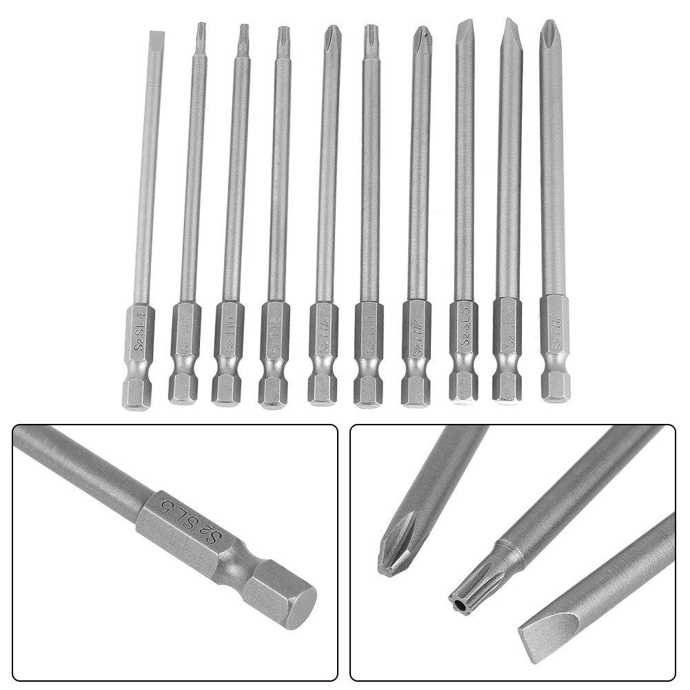 10-teiliges Schraubendreher-Bit Set – Schlitz, Kreuz, Sicherheitsstern, Magnetisch, 1/4 Zoll
