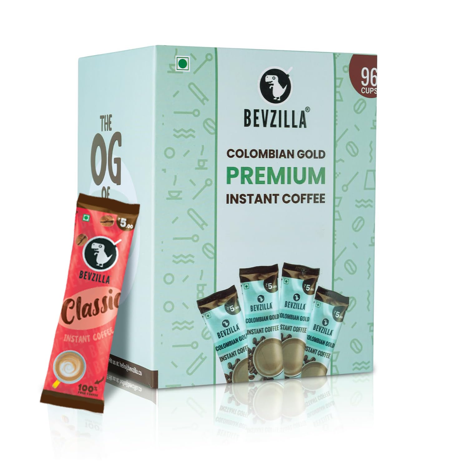 Bevzilla 96 Instant Hot & Cold Coffee Powder Sachets/Pouches (Colombian Gold) - 192 Grams|Arabica Coffee | Best For Espresso, Latte, Cappuccino|Enjoy Hot & Cold