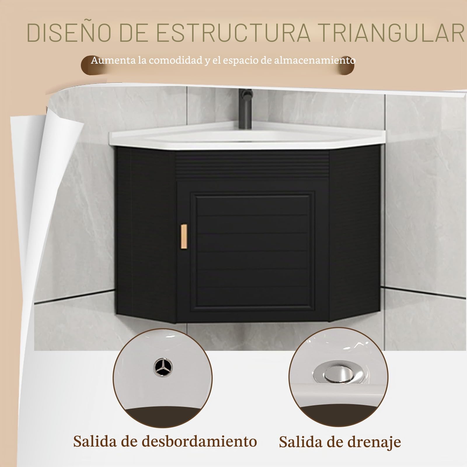 Fregadero de cerámica 38x38cm, Lavabo de baño montado en la pared, Lavabo de esquina de cerámica para espacios pequeños, Lavamanos cuarto de baño, para cocina, aseo, baño,caravana, Blanco