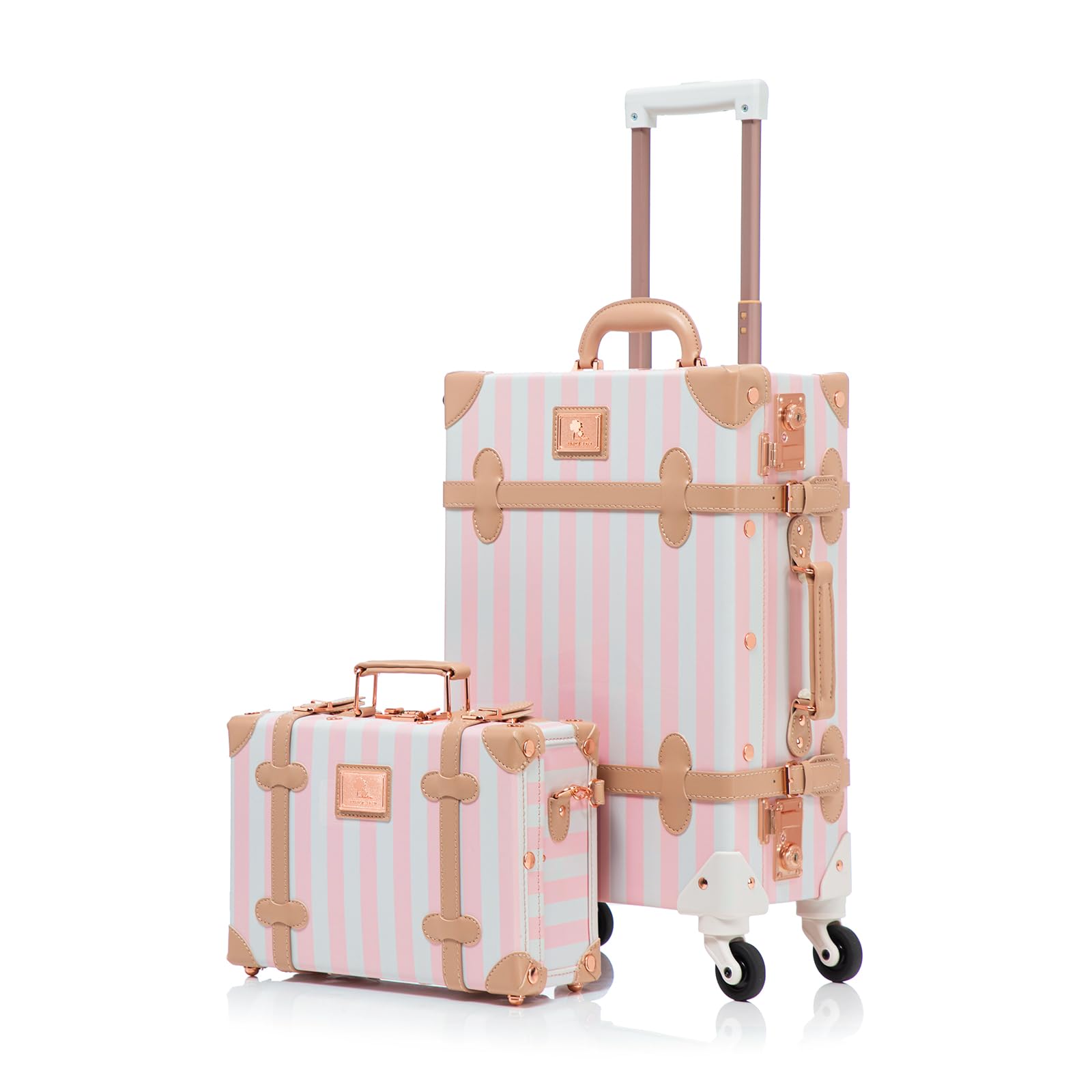UNIWALKER Vintage Luggage Set, 2 Piece Faux Leather Carry on Suitcase with Spinner Wheels TSA Lock and Cosmetic Train Case for Women, Pink Strip, 20"+12"